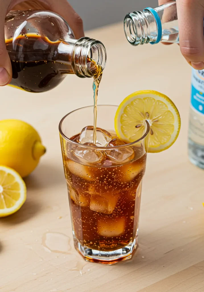Assembling blueberry lavender lemonade Italian soda