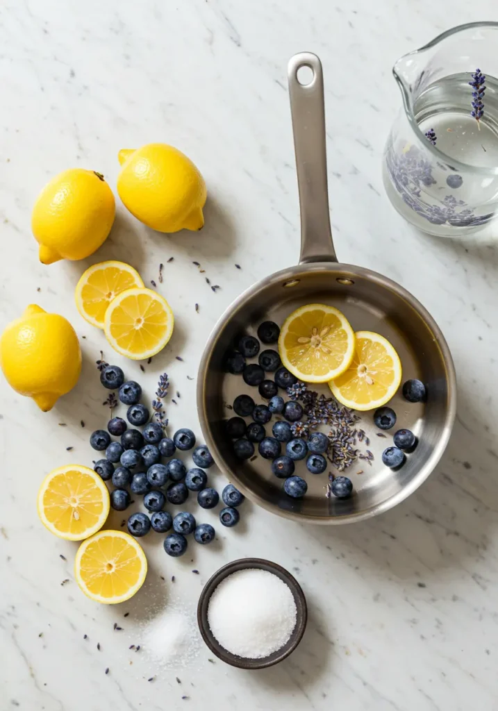 Ingredients for blueberry lavender lemonade syrup