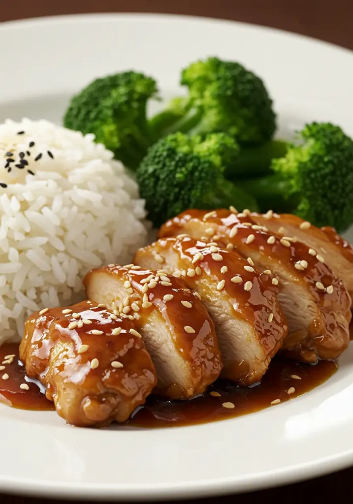 Bourbon chicken served with rice and broccoli
