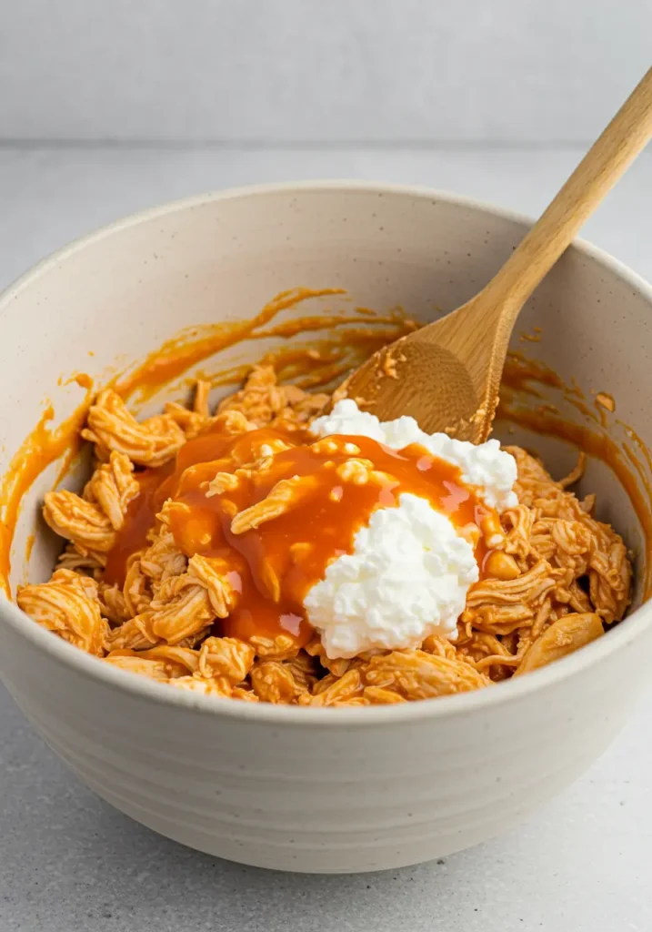 Mixing buffalo chicken dip ingredients with cottage cheese