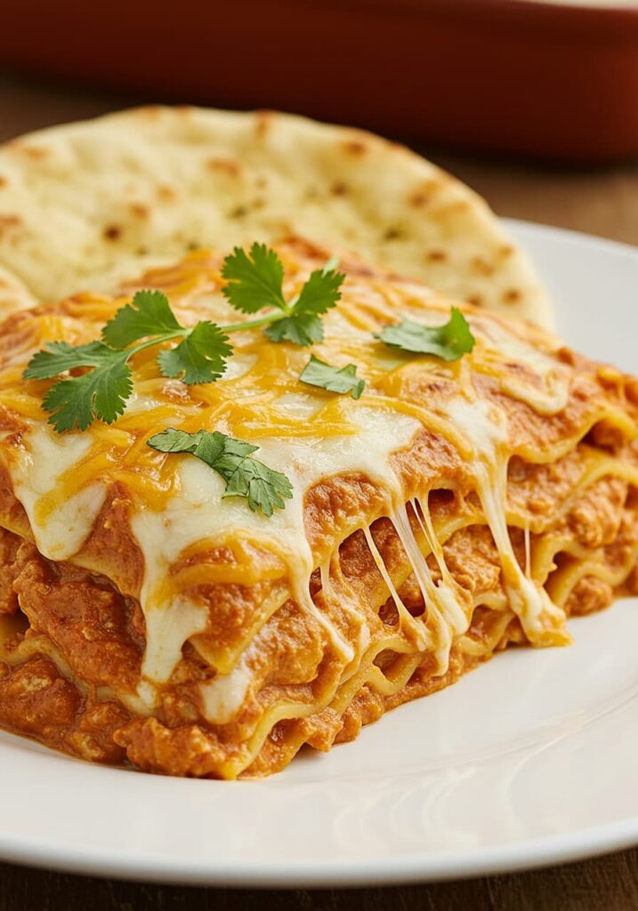Butter Chicken Lasagna Slice Served with Garlic Naan