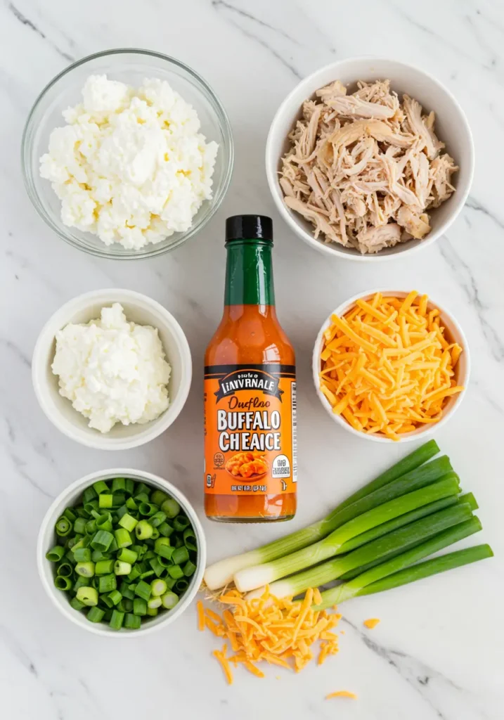Ingredients for chicken buffalo cottage cheese dip