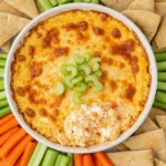 Served buffalo chicken cottage cheese dip with veggies