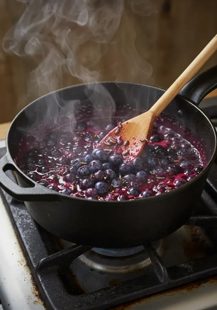 Simmering blueberry lavender syrup in a pan