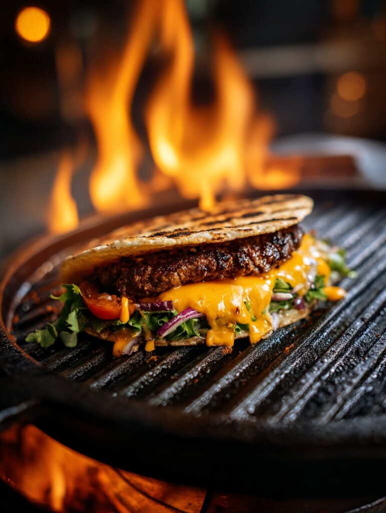 smashing beef into tortilla on hot grill