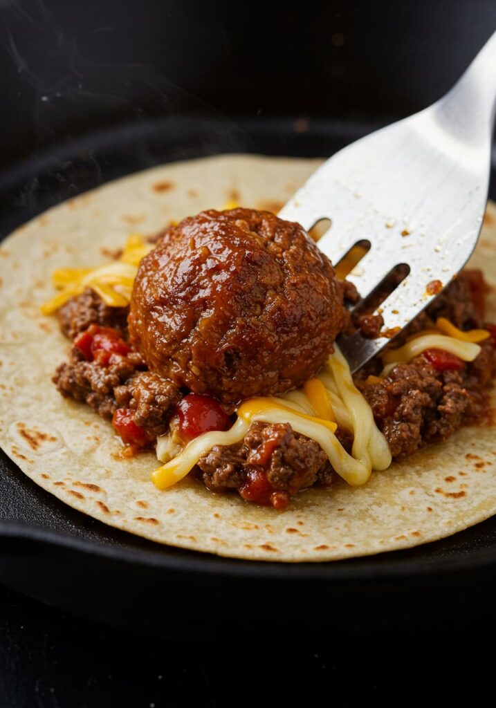Smashing burger into tortilla for Big Mac taco