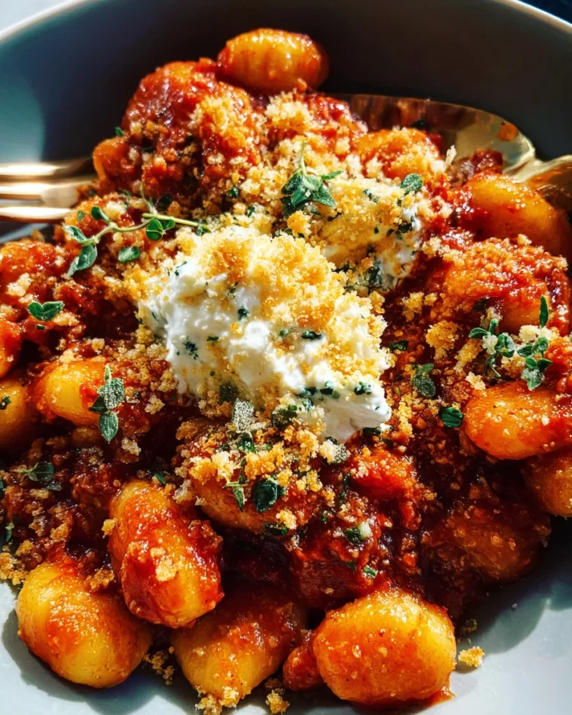 Millionaire Gnocchi with Red Sauce, Herbed Ricotta, and Golden Crispies