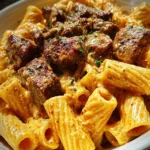 Cajun Steak Tips in Cheesy Rigatoni Parmesan Sauce
