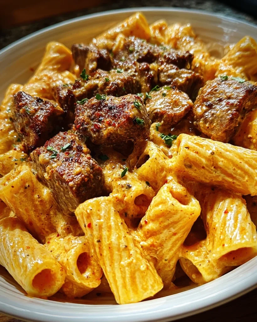 Cajun Steak Tips in Cheesy Rigatoni Parmesan Sauce