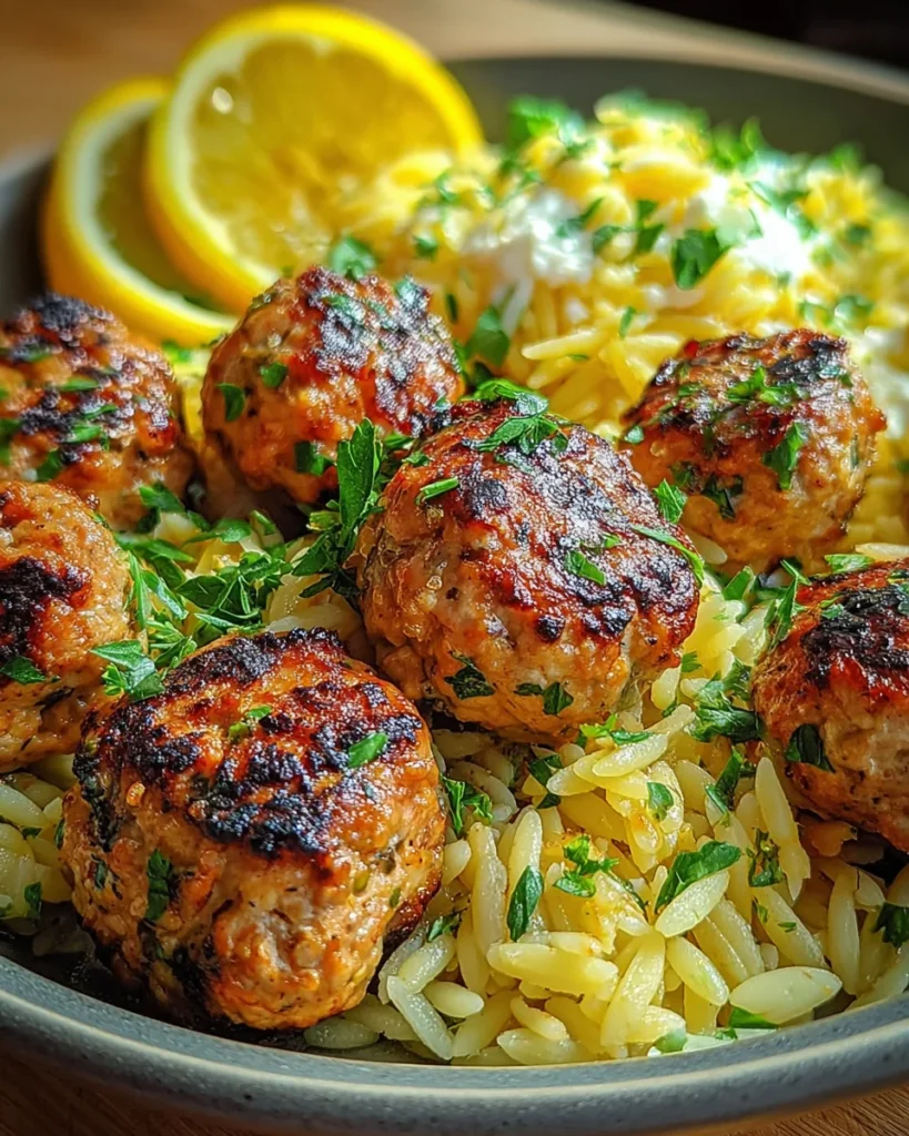 Greek Chicken Meatballs with Lemon Orzo