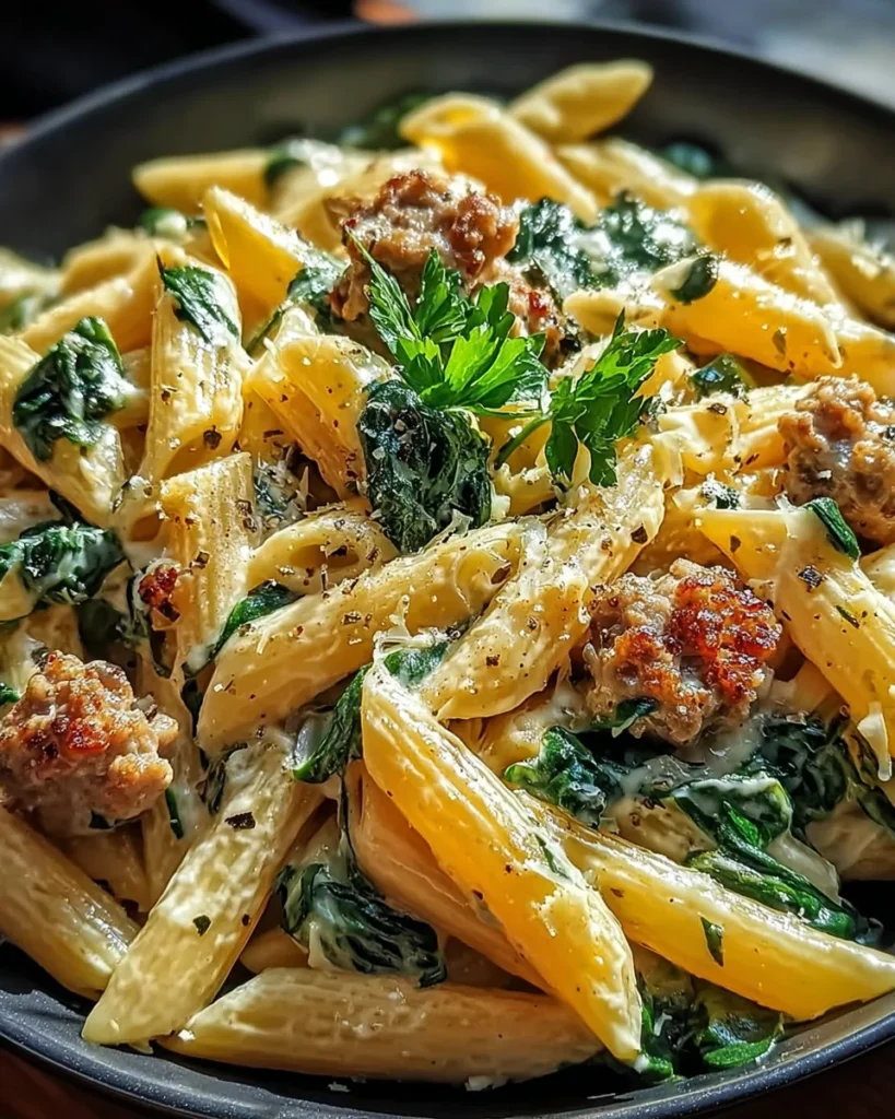 One-Pan Creamy Penne with Spinach and Italian Sausage