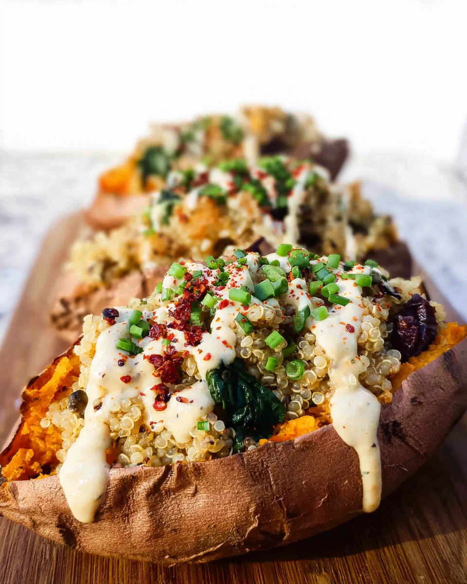 Vegan Stuffed Sweet Potatoes with Mediterranean Quinoa